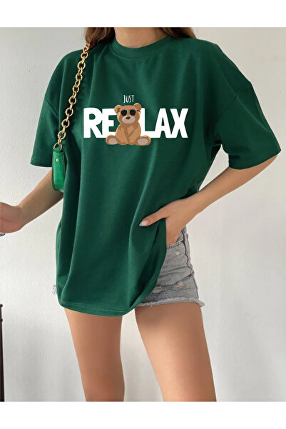 oneagılyazı RELAX BEAR DESIGN - تي شيرت مطبوع كبير الحجم