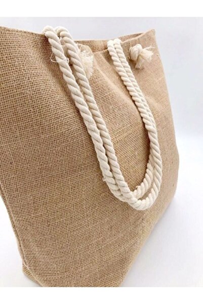 Butik حقيبة شاطئ نسائية من القش مصنوعة من قماش الجوت بمقبض ناعم
