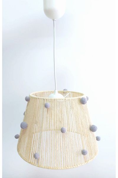 C&A&B KUZEY AVİZE Ecru Rope Wrapped Gray Pompom Pendant Lamp Chandelier
