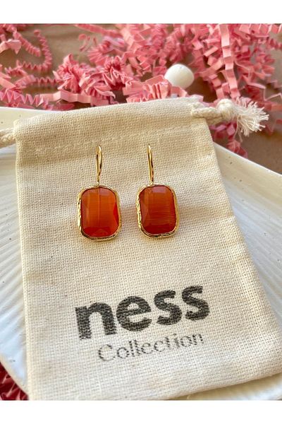 karışık kaset Orange Cat's Eye Natural Jewelled Square Earrings