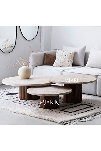 MIARIK DESIGN Dekoratif 3lü Ahşap ve Traverten Orta Sehpa