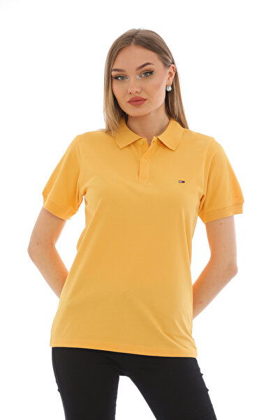 Ayşo Dámské tričko s výstřihem z bavlny a lycry s výšivkou z hořčice