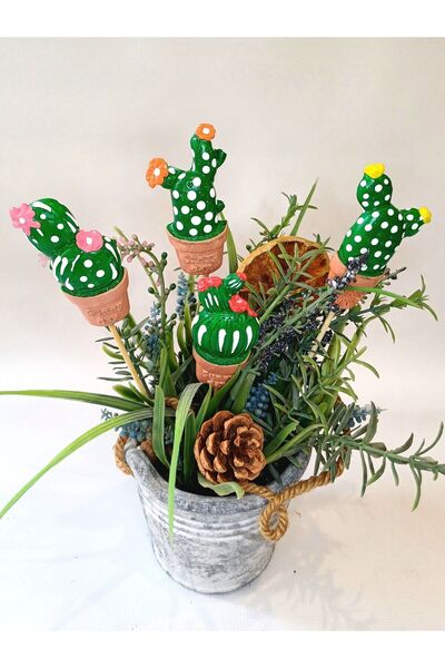 Dekoratif Kaktüs Set 4'lü Saksı Süsü - Saksı Dibi Süsü - Saksı Aksesuarı