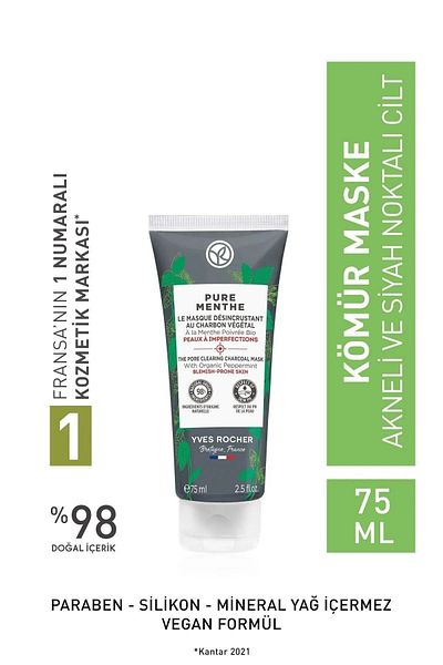 Yves Rocher Pure Menthe Charcoal Mask for Combination, Oily and Acne Prone Skin 75 ml