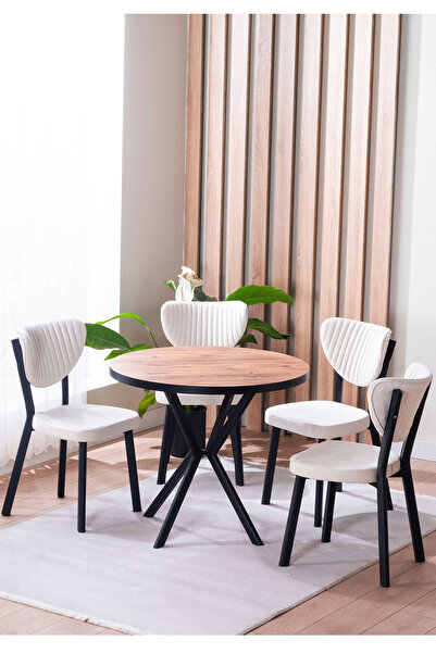 VIANEM Elma Yuvarlak Ceviz Mutfak Masa Takımı 4 Sandalyeli Salon Yemek Masa T...