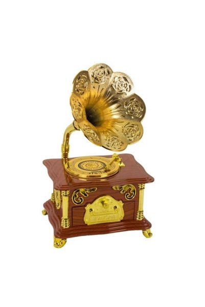 Sarego Retro Gramofon Müzik Kutusu Çekmeceli Takı Kutulu Kurmalı Hareketli Dekoratif Ürün