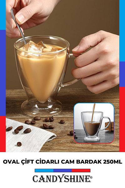 CandyShine 250ml Oval Glass Cup - With Double Walls and Handles