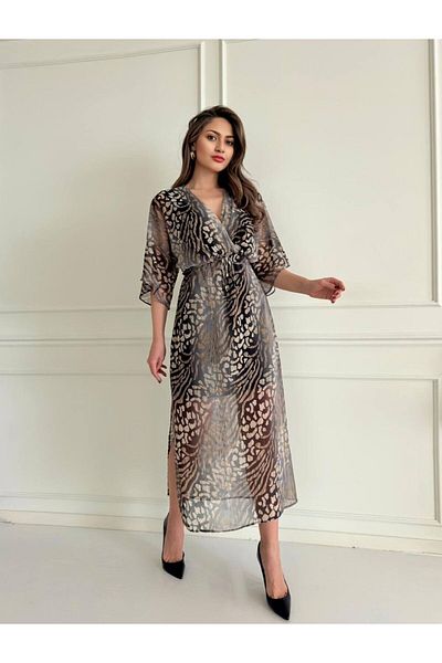 lovebox Stylish Modern Design - Glittery Chiffon Patterned Scar Sleeve Women's Dress - STP-006