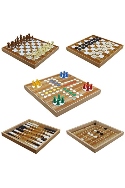 Yenigün Tamamen Doğal Ahşap 5'li Oyun Seti - Tavla - Dama - Kızma Birader - 9 Taş - Satranç