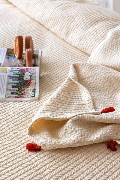 lizayn tekstil 100% Cotton Soft Knitted Pique, Bed Cover Double 240X260 cm Tile Fringe