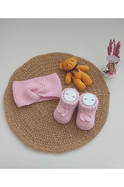 BEGİN 0-12 Months Gift Baby Dress - Pink Newborn Acrylic Wool, Slippers and Bandana Set