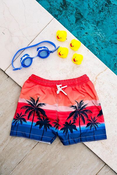 Mayom Boy's Colorful Palm Printed Waist Lace Up Swim Shorts