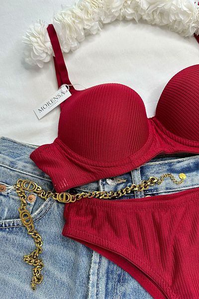 Morensa New Year's Red Basic Patterned Underwire Supported Bra Set