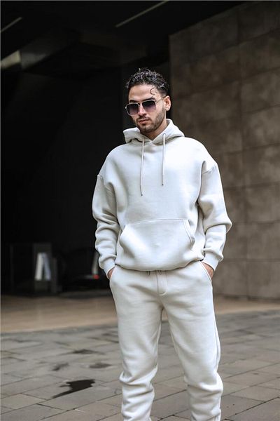 BayBayan Λευκό Oversize Jogger Sport Tracksuit Σετ - 3 Νήματα με τσέπες καγκουρό