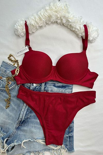 Morensa New Year's Red Basic Patterned Underwire Supported Bra Set