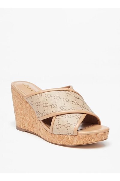 Celeste Women's Monogram Print Cross Strap Sandals with Wedge Heels