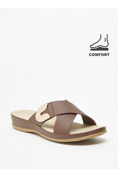 Le Confort Textured Slip-On Comfort Slide Comfort Sandals with Metallic Accent