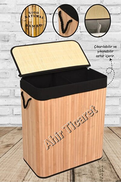 AHİR TİCARET Bambu Naturel Dikdörtgen Tek Bölmeli Kirli Çamaşır Sepeti 85 Litre