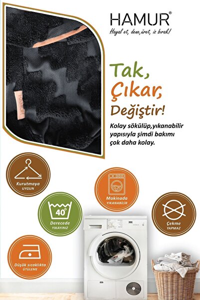 HAMUR Yıkanabilir Puf Tabure Kılıfı Tak-Çıkar-Değiştir-Yenile Orta Sehpa Kılıfı By Zigzag Siyah