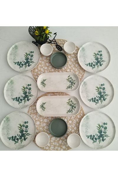 Keramika Green Eucalyptus 14 Pieces Breakfast Set for 6 Persons