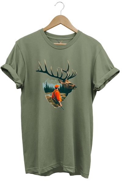 WİDİ Μπλουζάκι με θέμα Nature Hunting Deer and Hunter με στάμπα από 100% βαμβάκι χακί