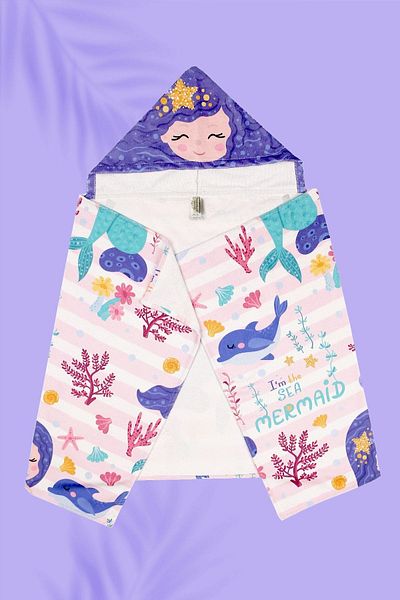 HAMUR Hooded Children's Beach Towel Mermaid Purple Front Velcro