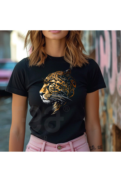 Crea Eymer Wear تي شيرت من القطن بنسبة 100% مرصع بأحجار كريستال النمر الأسود ...