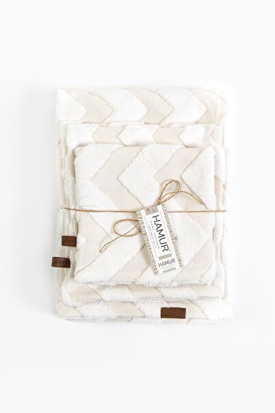 HAMUR Yatak Runner Kırlent Seti Bohem Punch Panç Desen Yatak Örtüsü Line Ekru
