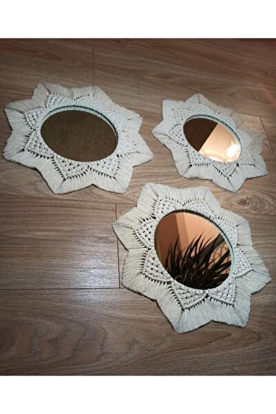 UG Wood Design - 3'lü Dekoratif Ekru (KREM - BEJ) Bohem Makrome Ayna Kombini