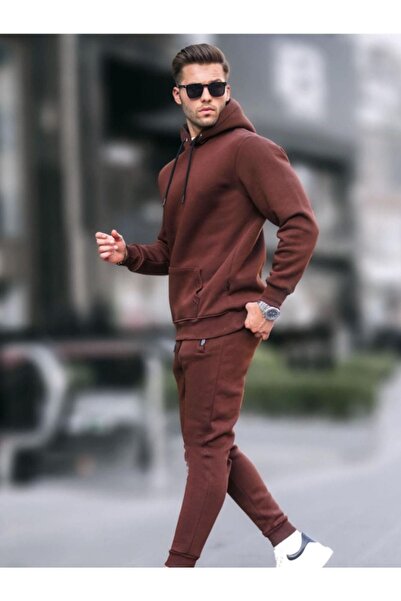 BayBayan Ανδρικό καφέ σετ φόρμας με 3 κλωστές, ψηλόμεσο, με κουκούλα και τσέπ...