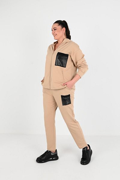Koza Butik Γυναικείο Σετ Φούτερ Plus Size Stone με λεπτομέρειες και τσέπες - 8039-24