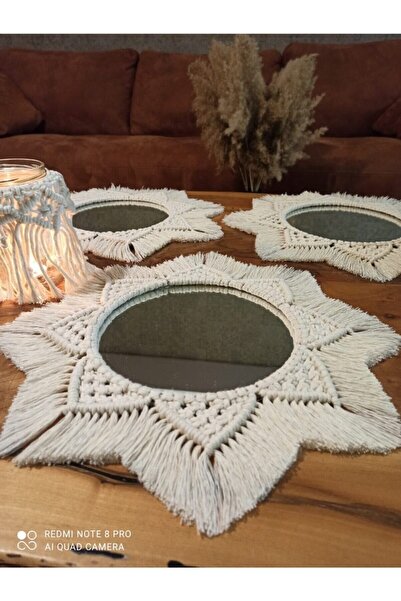 UG Wood Design - 3'lü Dekoratif Ekru (KREM - BEJ) Bohem Makrome Ayna Kombini