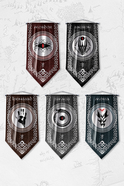 Vagonik Yüzüklerin Efendisi Güç Yüzükleri Krallıkları 5 Adet Flama Bayrak Set...