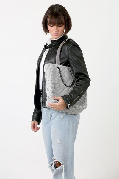 HAMUR Kadın Kumaş El Ve Omuz Çantası Maze Gri Kürklü Peluş Örme Kol Çantası