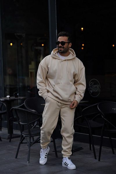 BayBayan Ανδρικό μπεζ 3 κλωστών ψηλόμεσο Jogger Hooded Hooded Casual Loose Fit Σετ αθλητικών φούτερ