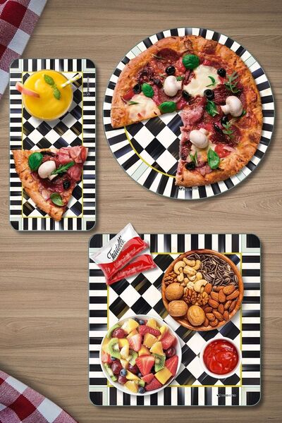 Decovetro MacKenzie 3-Piece Mixed Set - Glass Presentation Serving, Black and White Checkered Plate