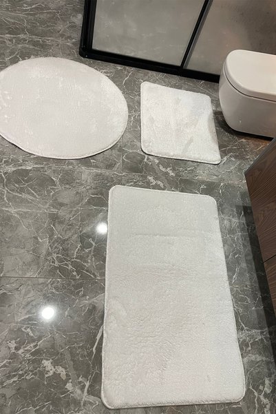 tropikal home 3-Piece Washable Post White Bathroom Rug Plush Toilet Set 80X80 Round + 50X60 and 60X100 Toilet Mats