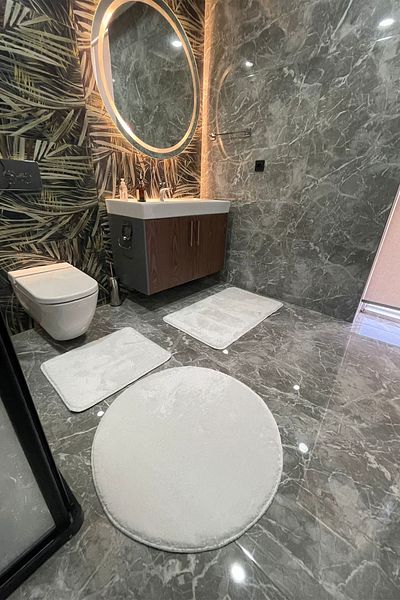 tropikal home Σετ 3 λευκών βελούδινων τουαλέτας - Πλένεται κολώνα, 80x80 και 50x60 στρογγυλό + 60x100 τουαλέτα
