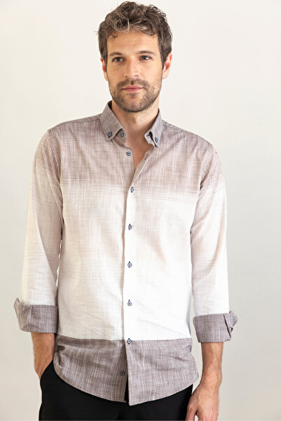 alenmeza Ανδρικό πουκάμισο καφέ casual μοντέρνα εφαρμογή - 100% βαμβάκι, γιακάς με κουμπιά, με πάνελ που αλλάζει χρώμα