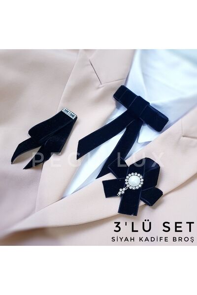 Pegu Lux Siyah Kadife 3 Lü Set Kurdele Broş Okul,işhediye,çanta,şal,gömlek Aksesuar