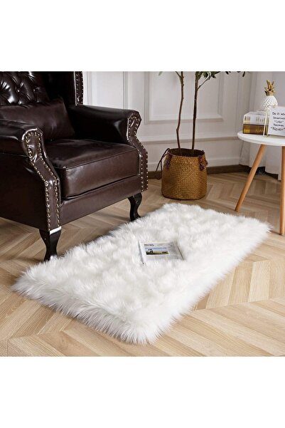 HaLıFoRuM Kuzu Post Halı Premium Tüylü Peluş Halı Beyaz Düz