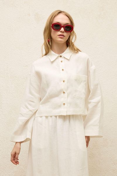Manuka Ecru Leinen-Crop-Shirt – lange Ärmel