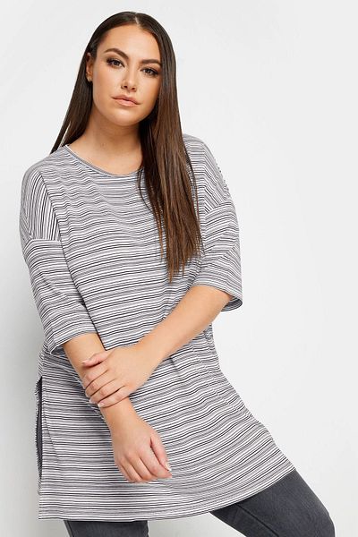 Stil Diva Crew Neck Striped T-shirt with Slit Detail - Large Size302946