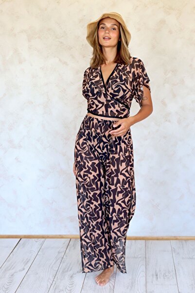 HAMUR Beach Pantalon Pareo Cottage Indoor Slit ελαστικό σιφόν τούλι ύφασμα ψηλόμεσο Twime μαύρο