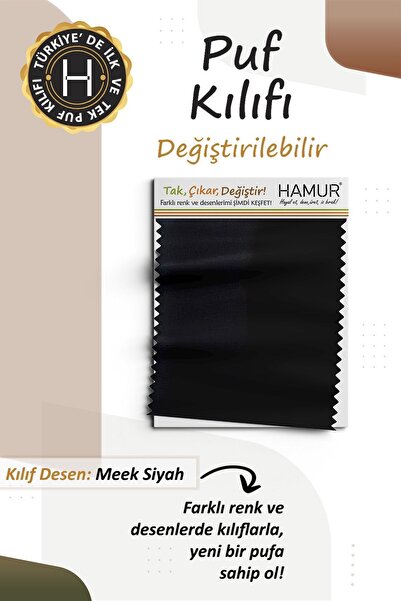 HAMUR Yıkanabilir Puf Tabure Kılıfı Tak-Çıkar-Değiştir-Yenile Orta Sehpa Kılıfı Kc Meek Siyah
