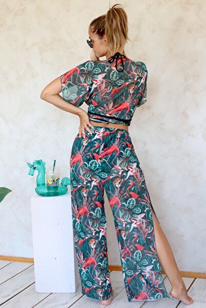 HAMUR Beach Pantalon Pareo Cottage Indoor Slit ελαστικό σιφόν τούλι ύφασμα ψηλόμεσο λουλούδι πράσινο