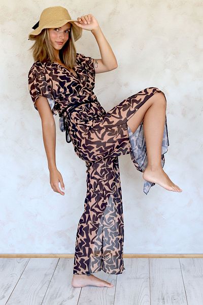HAMUR Beach Pants Pareo Summer Covered Slit Elastic Chiffon Tulle Fabric High Waist Twime Black