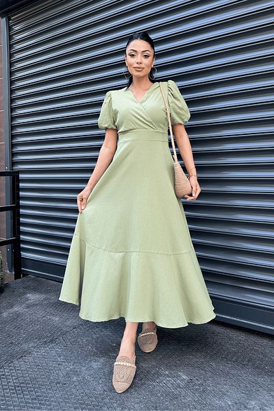 giyimmasalı Green Midi Dress - Linen Fabric, Double Breasted Collar