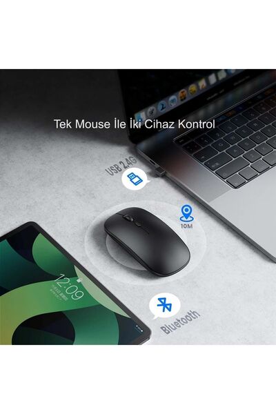 HyMark Sessiz Tıklama Şarjlı Çift Modlu Bluetooth Kablosuz 2.4Ghz Siyah Mouse