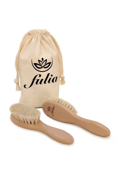 Fulia Natural Goat Hair Baby Hair Brush and Natural Wooden Comb Set of 2 - Midi Size